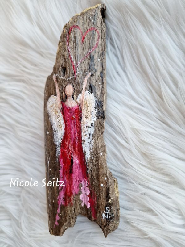 Schutzengel auf Treibholz gemalt * 20 x 7 x 3,5 cm * Treibholz Bodensee * Rot * Herz
